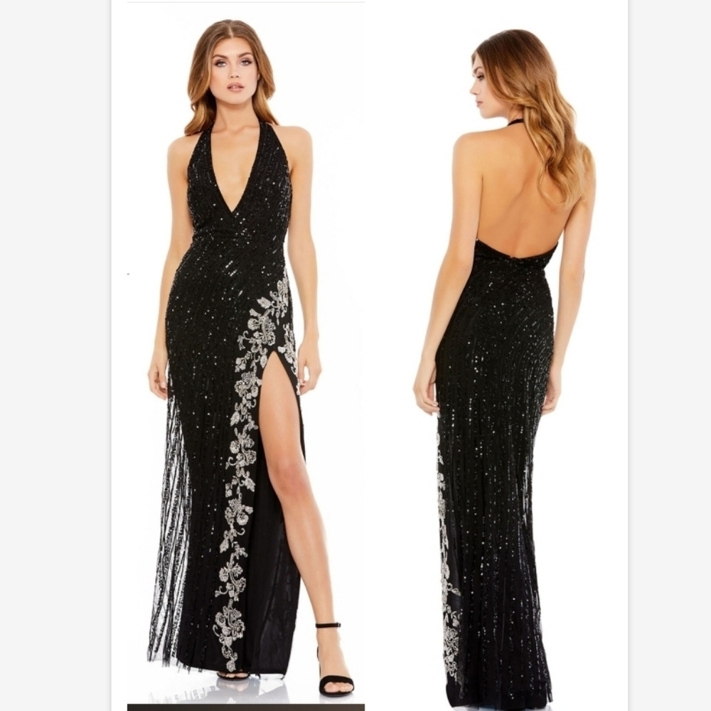 NWT Mac Duggal 9111 Black Halter Neck Silver Sequin Dress Sz 2